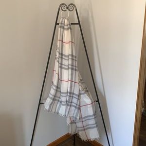 Plaid white, gray, and red lightweight scarf